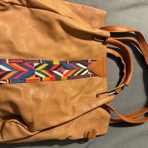 Tan Leather Tote with Colorful Pattern